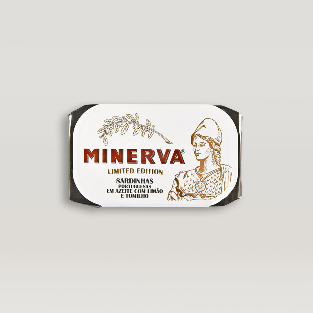 A can of limited edition sardines in olive oil with lemon and thyme, showcasing the vibrant packaging and rich contents.