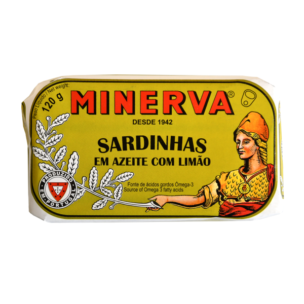 A can of sardines in olive oil with a slice of lemon, showcasing the rich texture and vibrant colors of the fish and oil.