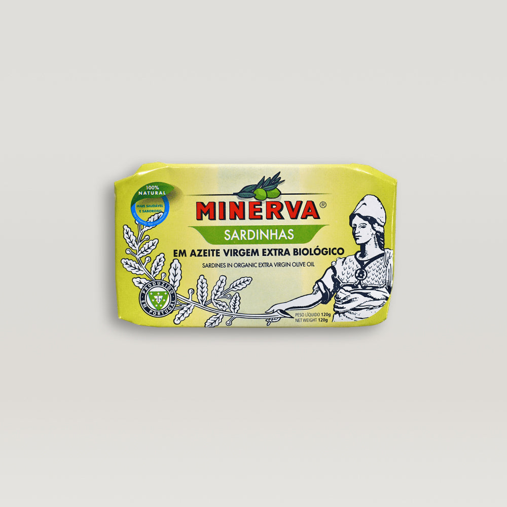 A can of Minerva Sardines in organic extra virgin olive oil, showcasing the premium quality and artisanal craftsmanship.