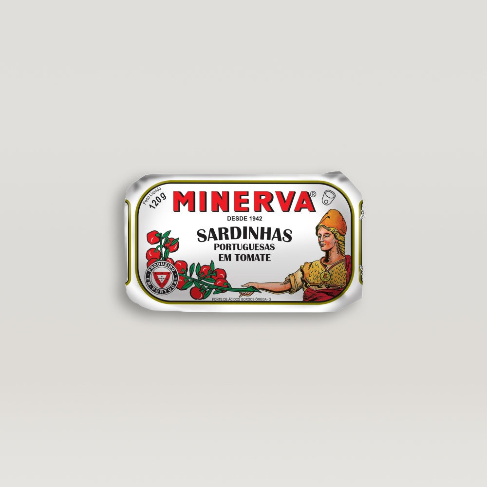 A can of premium sardines in rich tomato sauce, showcasing whole sardines and vibrant red sauce.