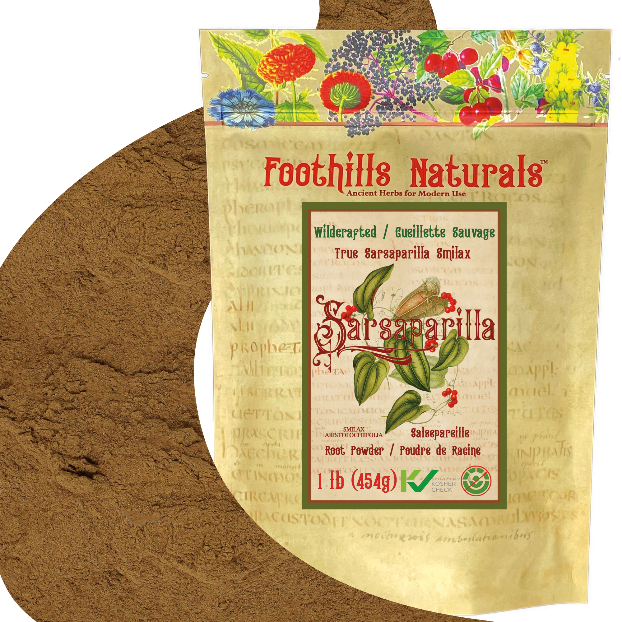 A 1-pound package of Wildcrafted Sarsaparilla Smilax Powder, showcasing its fine texture and natural color.