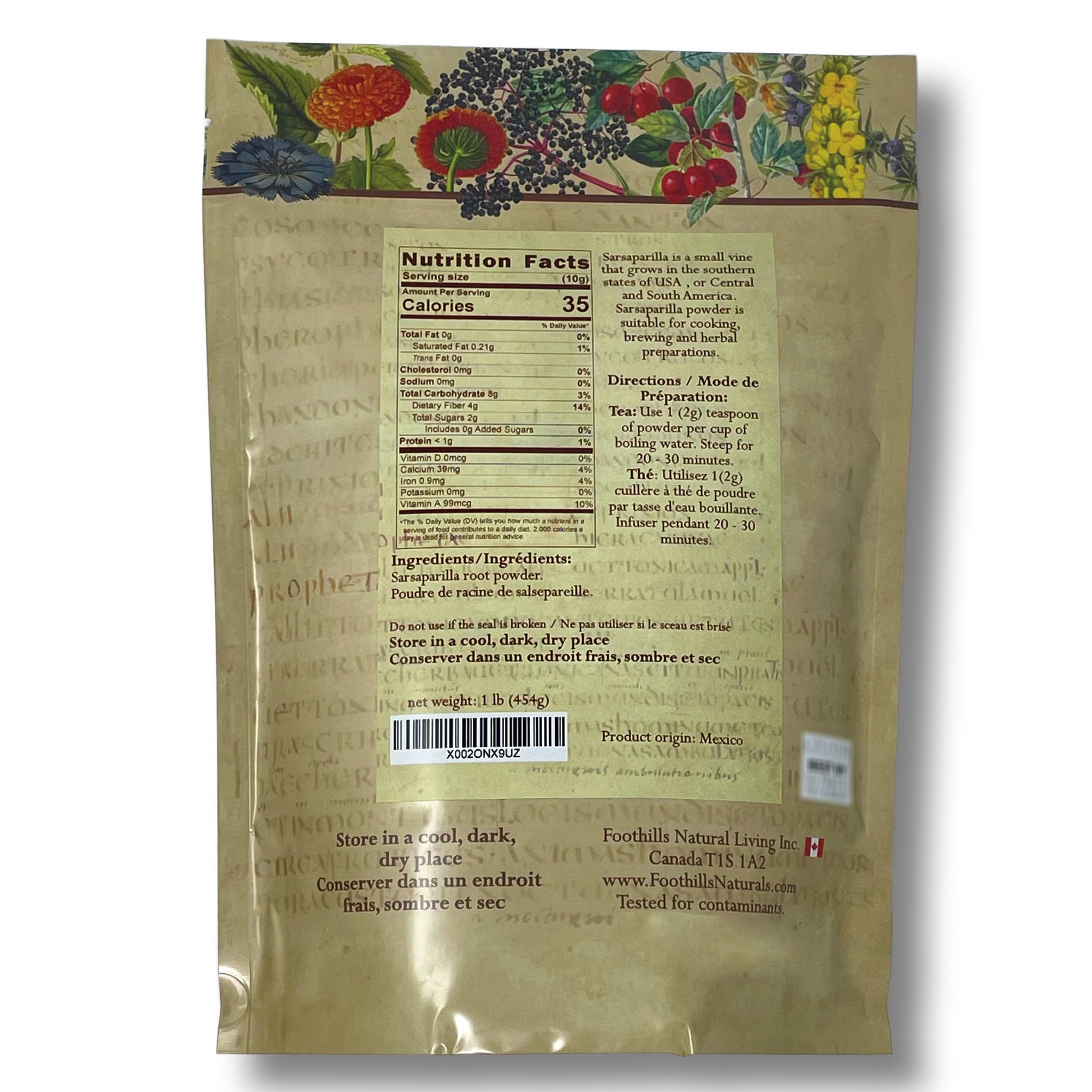 A 1-pound package of Wildcrafted Sarsaparilla Smilax Powder, showcasing its fine texture and natural color.