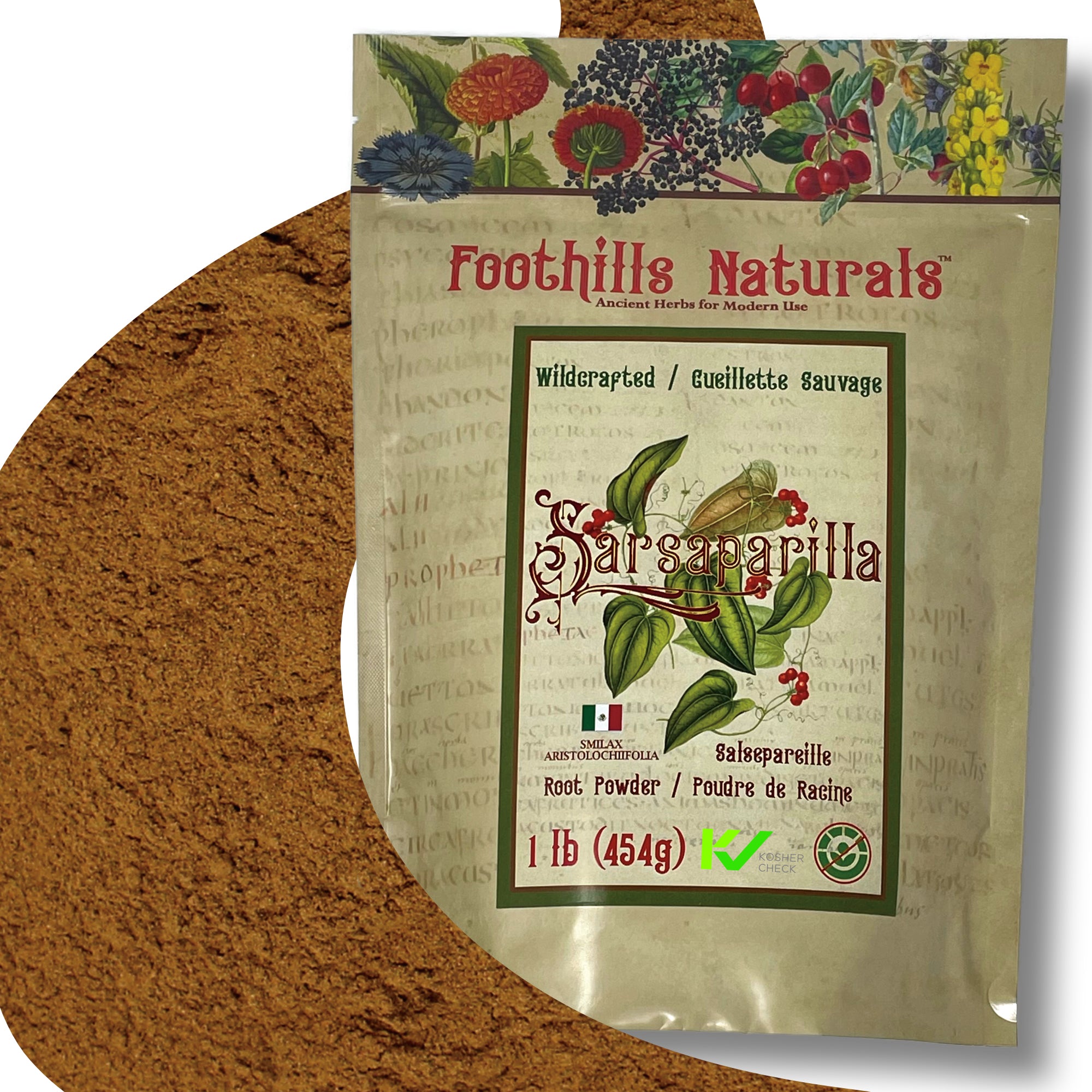 A 1-pound package of Wildcrafted Sarsaparilla Smilax Powder, showcasing its fine texture and natural color.