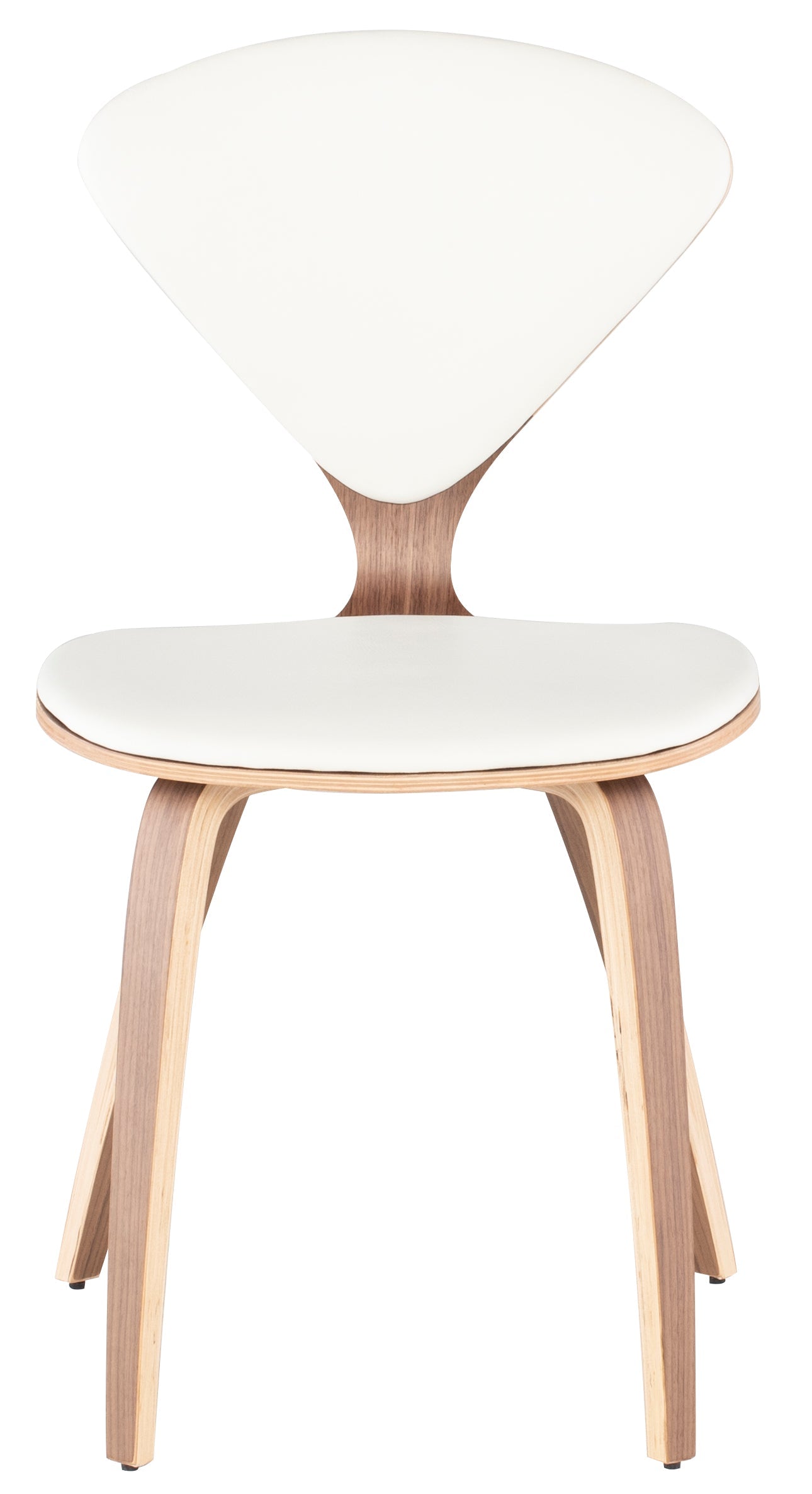 Satine Dining Chair in white featuring a leather seat and walnut veneer frame, showcasing its elegant design and craftsmanship.