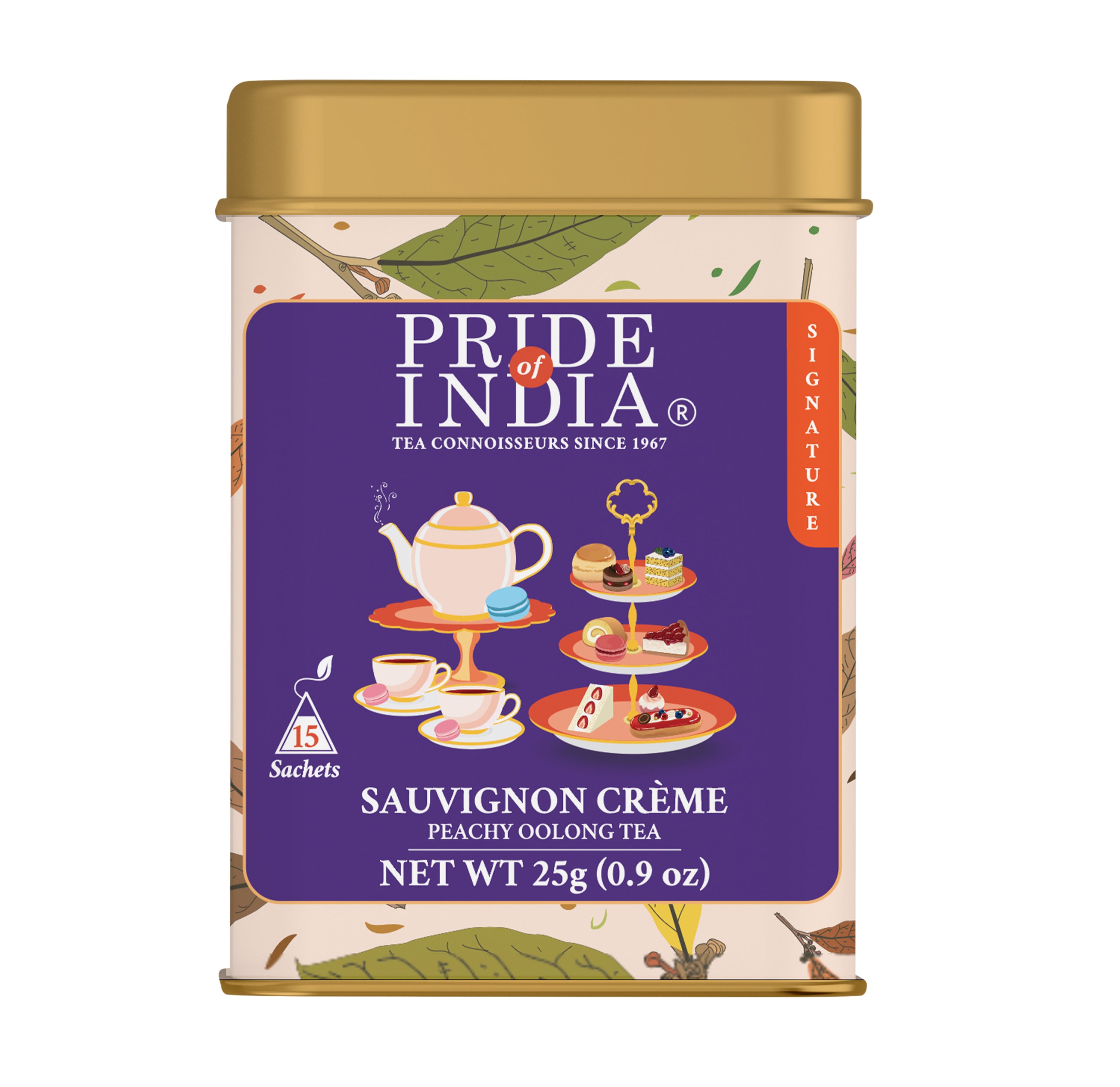 Sauvignon Creme Peachy Oolong Tea Bags in a box, showcasing the organic tea bags with a peachy flavor profile.