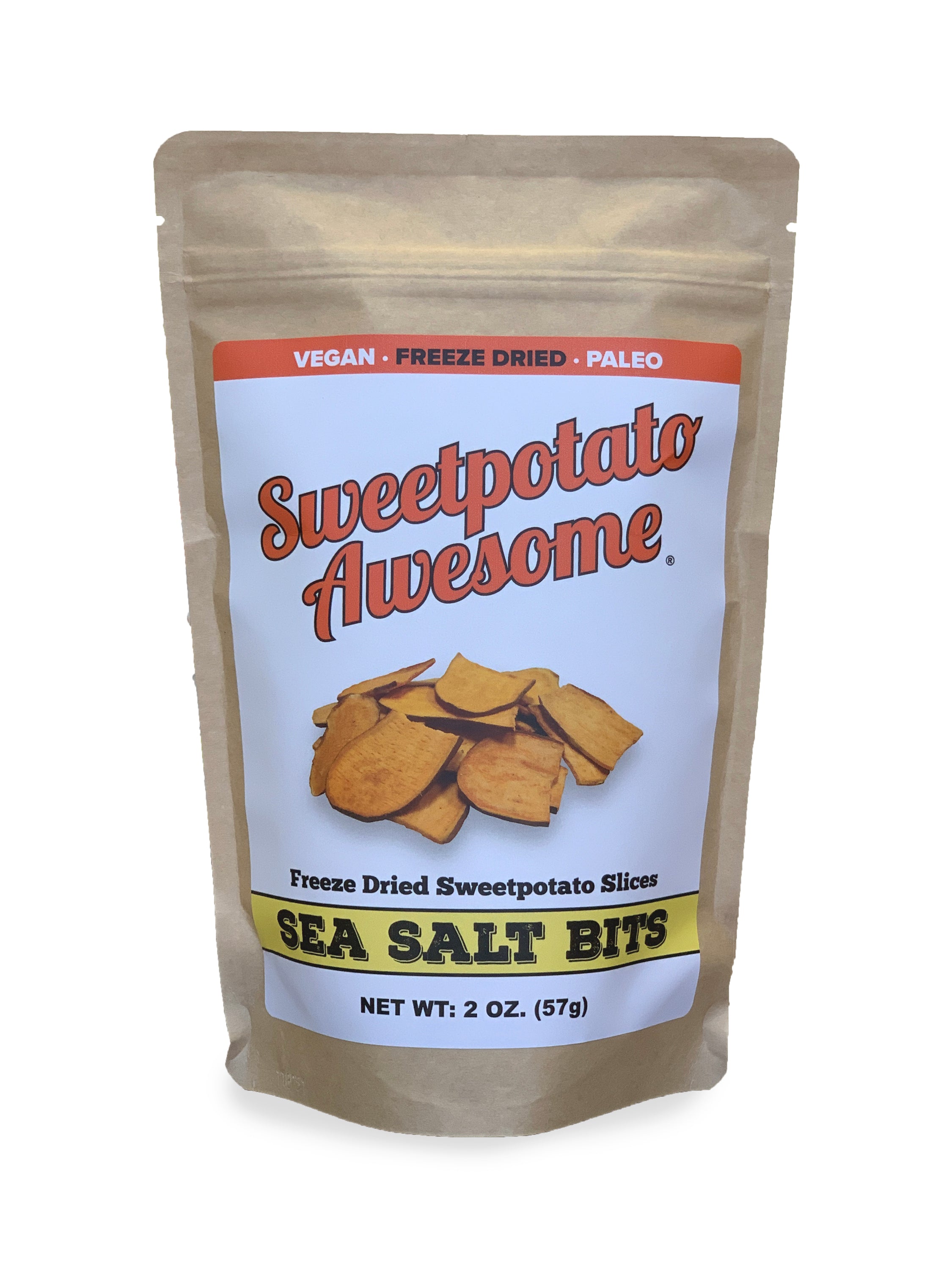 A bag of Sea Salt Bits featuring sweet potato snacks with a sprinkle of sea salt, showcasing their crunchy texture.