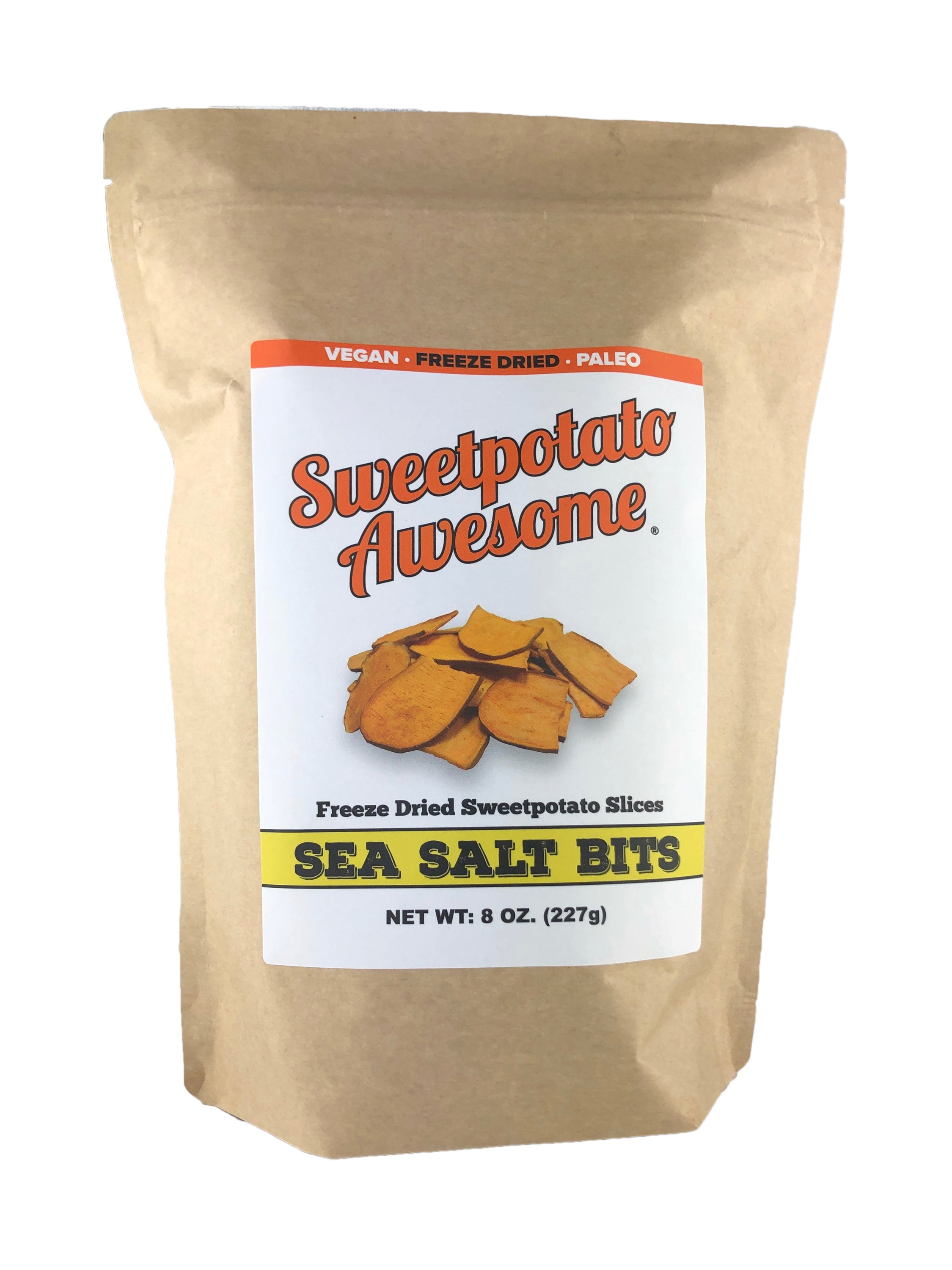 A bag of Sea Salt Bits featuring sweet potato snacks with a sprinkle of sea salt, showcasing their crunchy texture.