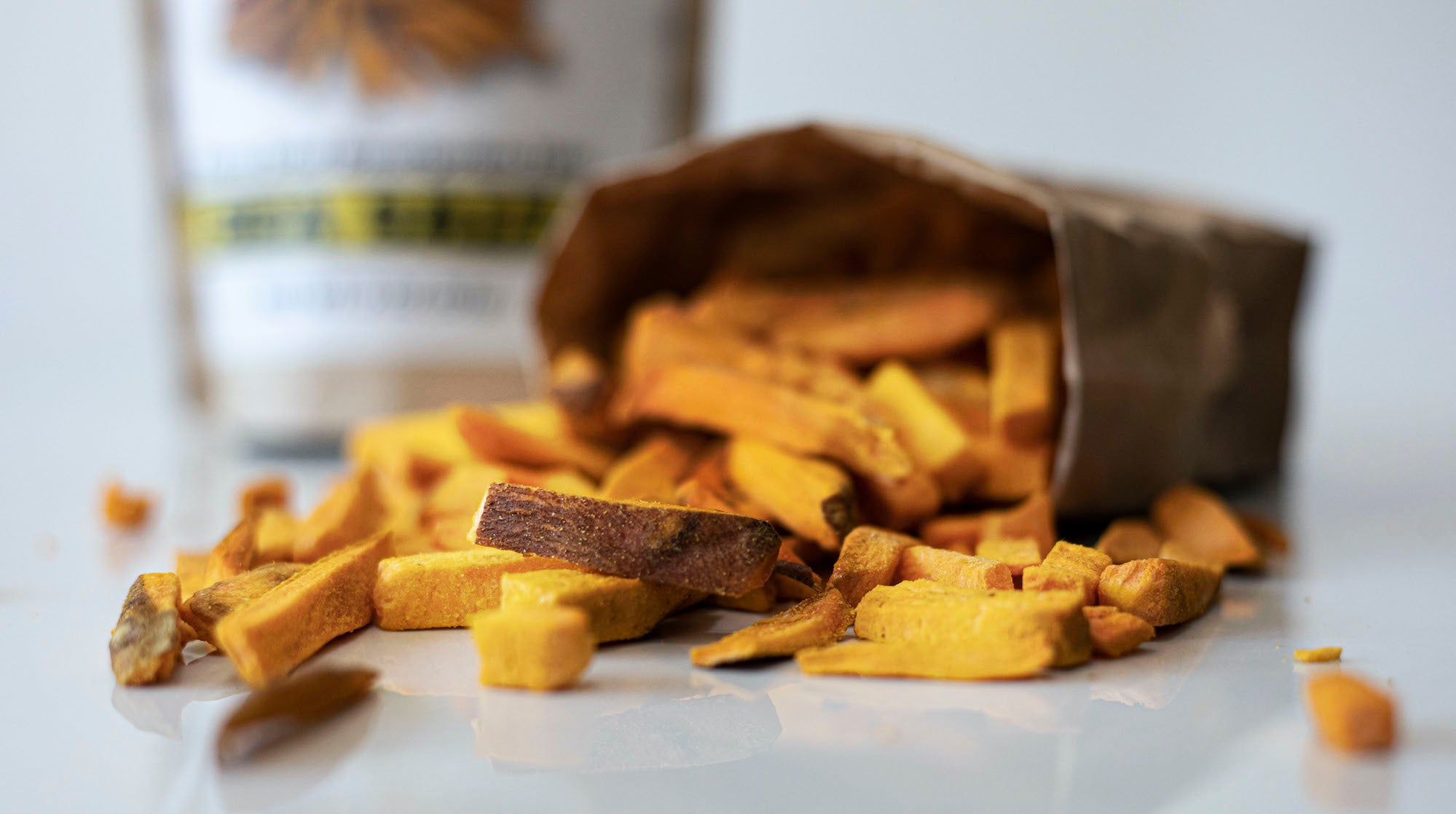 A close-up of crunchy Sea Salt Fries made from organic sweets, showcasing their thick texture and golden color.