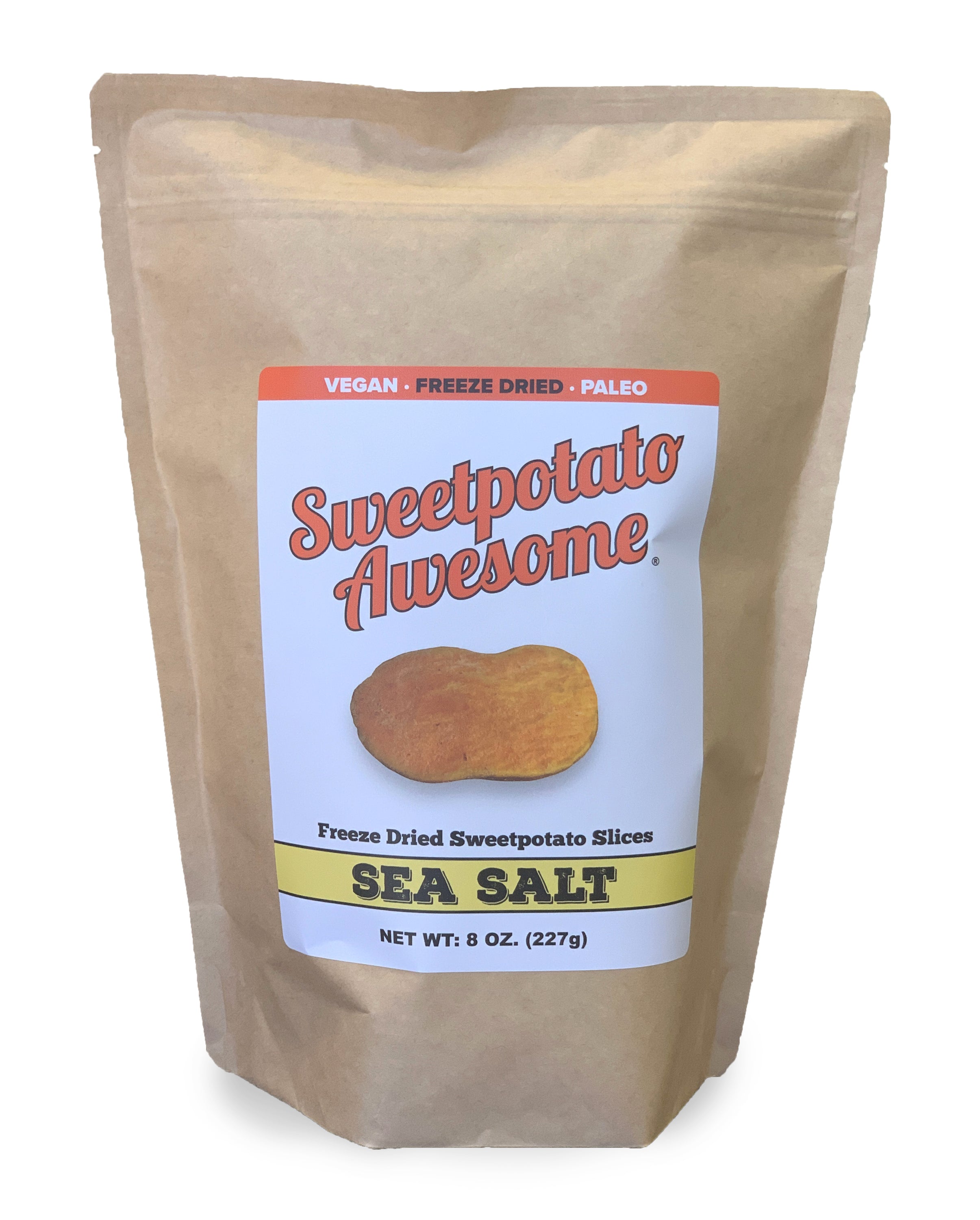 A pack of Sea Salt sweetpotato slices featuring freeze-dried organic sweetpotato seasoned with sea salt and coconut oil.