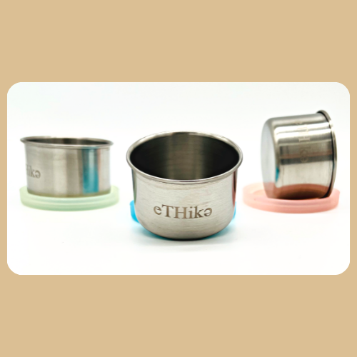 Set of 3 Salsa Mini Dips Containers in vibrant colors, each with a 50ml capacity, featuring stainless steel bodies and silicone lids.