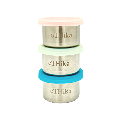 Set of 3 Salsa Mini Dips Containers in vibrant colors, each with a 50ml capacity, featuring stainless steel bodies and silicone lids.