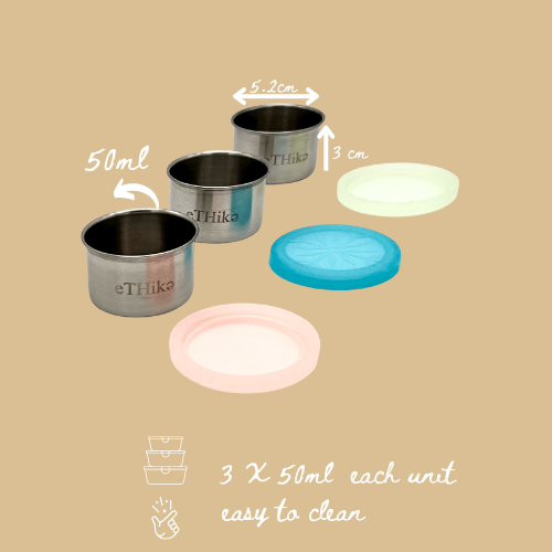 Set of 3 Salsa Mini Dips Containers in vibrant colors, each with a 50ml capacity, featuring stainless steel bodies and silicone lids.