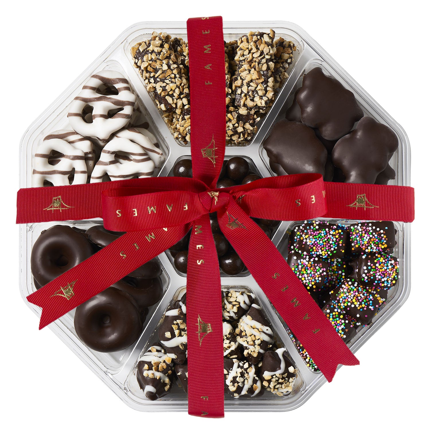 Seventh Heaven Chocolate Assortment Gift featuring various gourmet chocolates including mini Viennese crunch, almond clusters, and jelly rings.