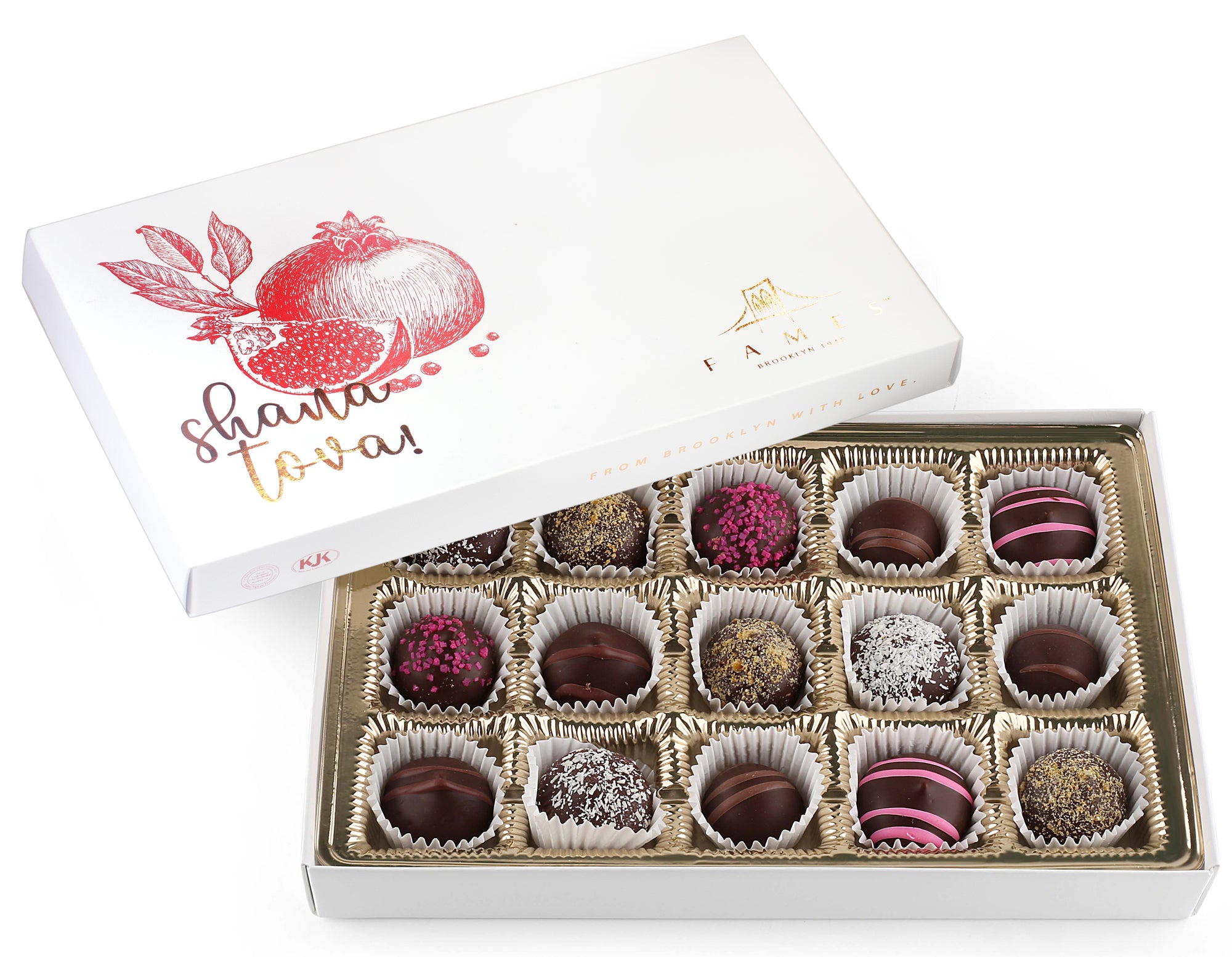 Shana Tova Chocolate Gift Box containing 15 assorted Kosher Pareve chocolates in elegant packaging, perfect for Rosh Hashanah celebrations.