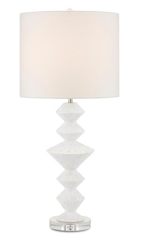 Sheba Table Lamp featuring a geometric mother-of-pearl body, optic crystal base, and off-white linen shade, perfect for modern decor.