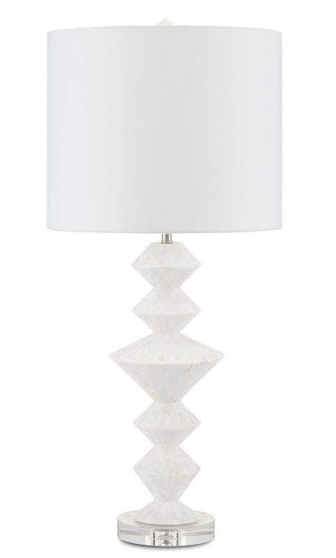 Sheba Table Lamp featuring a geometric mother-of-pearl body, optic crystal base, and off-white linen shade, perfect for modern decor.