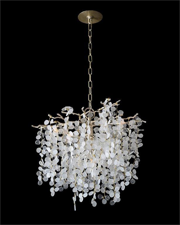 Shiro-Noda Five-Light Chandelier featuring variegated frosted and clear crystal clusters, elegantly designed for stunning illumination.