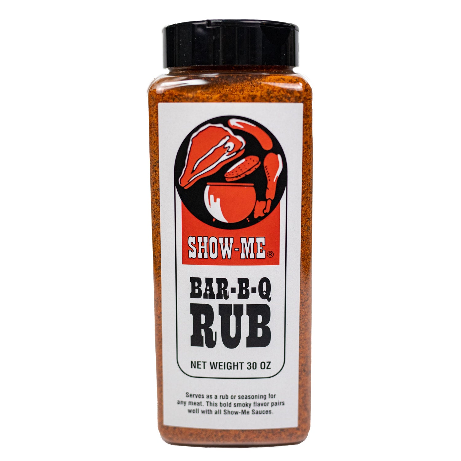 Show-Me® Large Bar-B-Q Rub jar with a bold label, showcasing its rich seasoning blend for grilling.