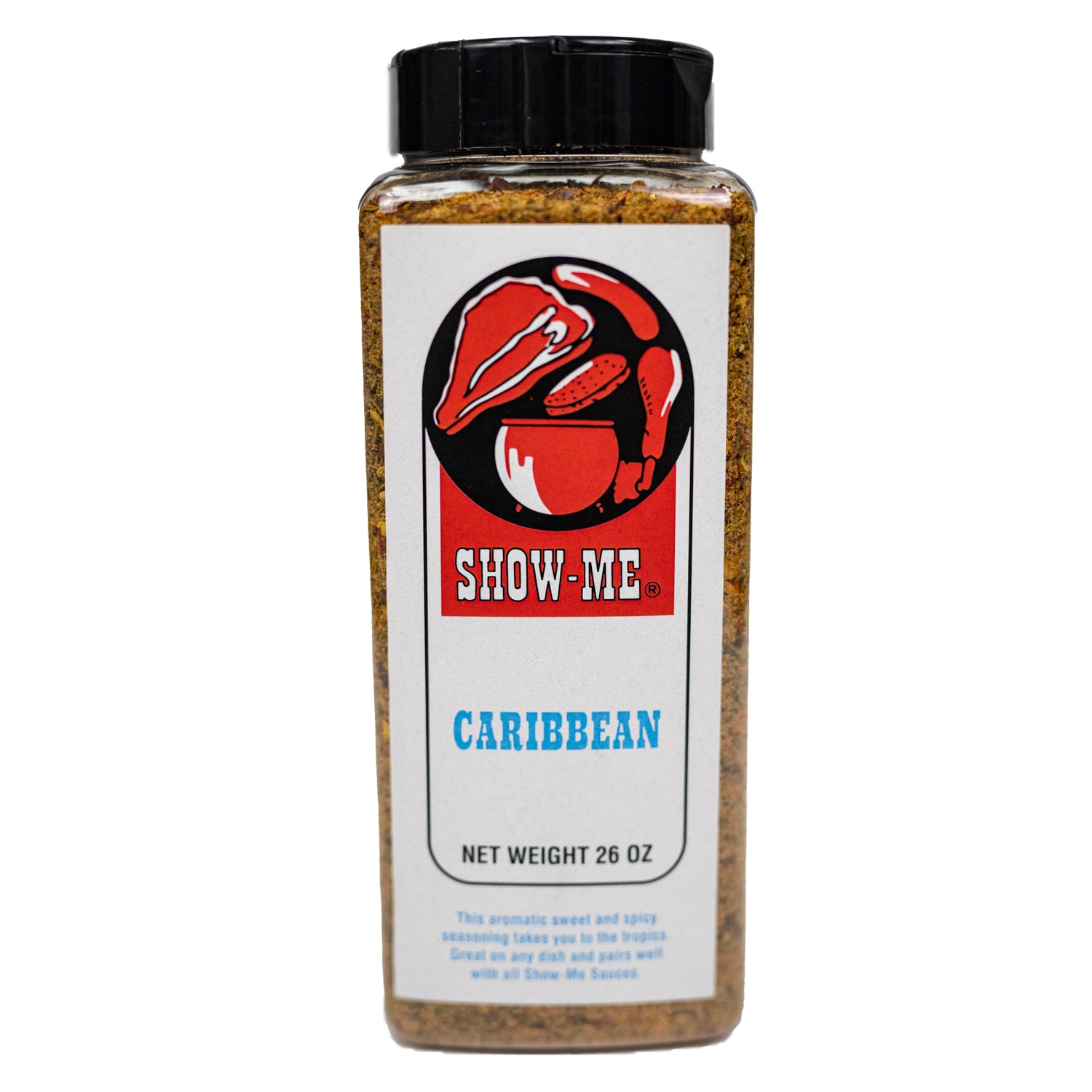 Show-Me® Large Caribbean seasoning bottle with vibrant tropical design, showcasing its aromatic and flavorful contents.