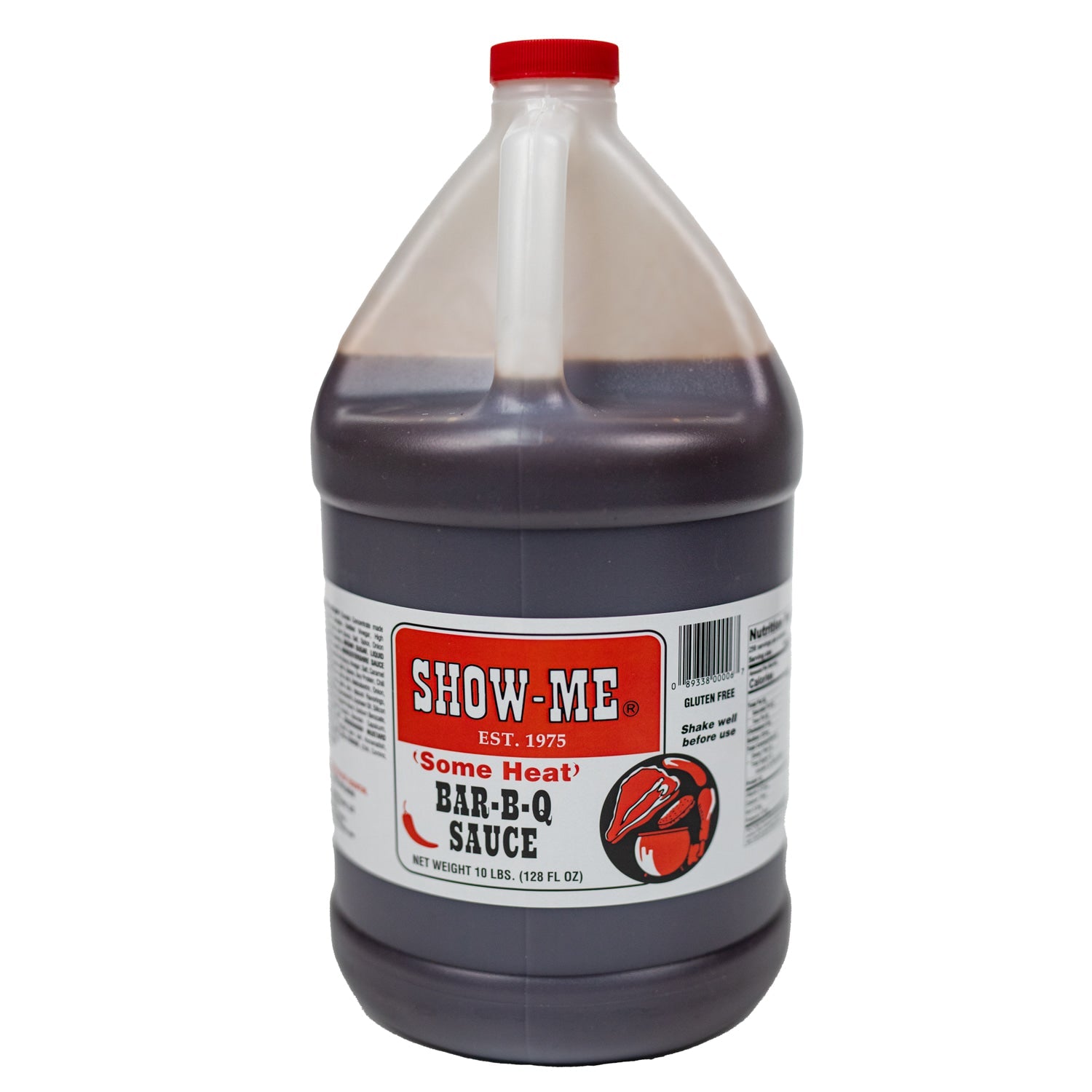 A gallon container of Show-Me® Some Heat sauce, showcasing its vibrant color and label design, perfect for BBQ enthusiasts.