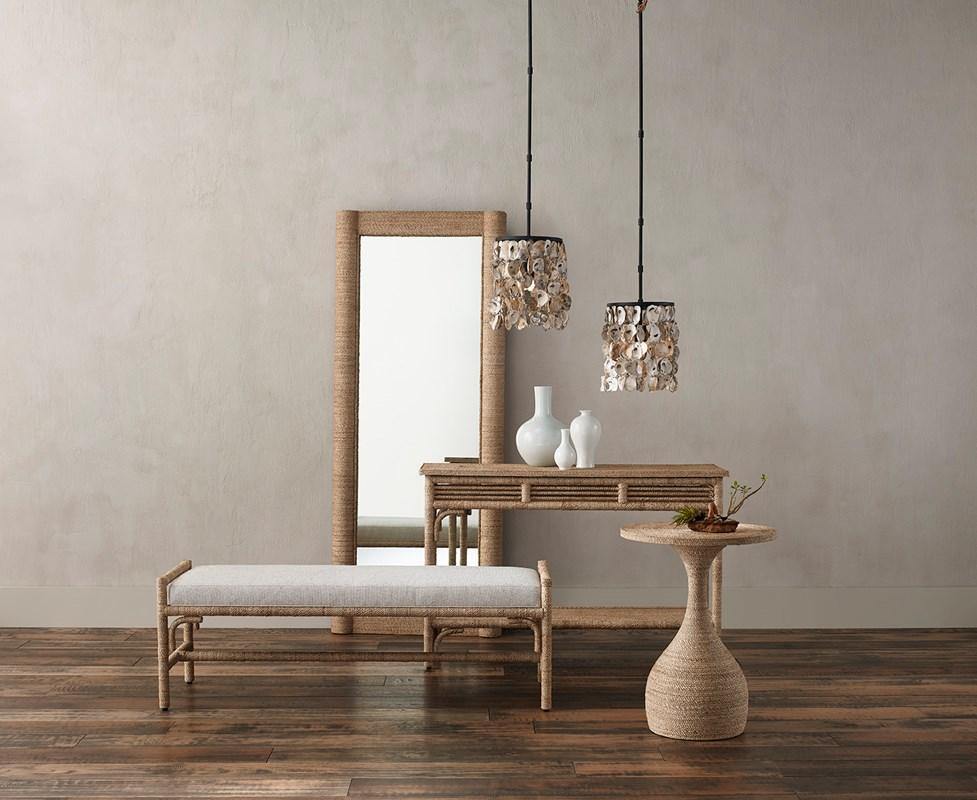 Simo Accent Table featuring an hourglass shape wrapped in natural Abacá rope, showcasing its unique design and craftsmanship.