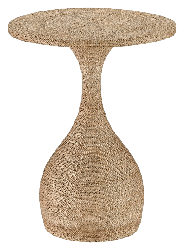 Simo Accent Table featuring an hourglass shape wrapped in natural Abacá rope, showcasing its unique design and craftsmanship.