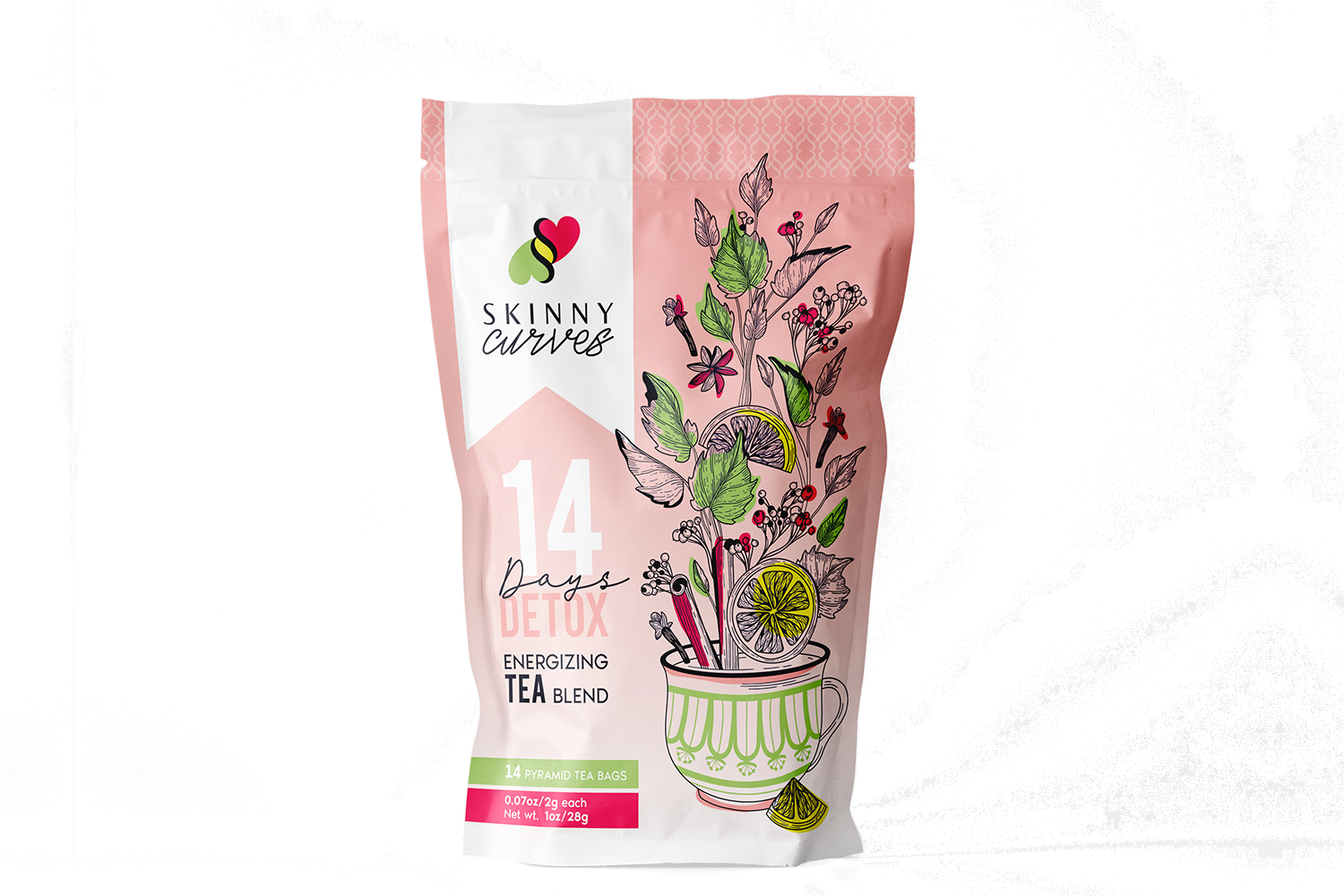 Skinny Curves 14 Day Detox Tea packaging featuring a blend of berries and herbs for detoxification and weight loss.