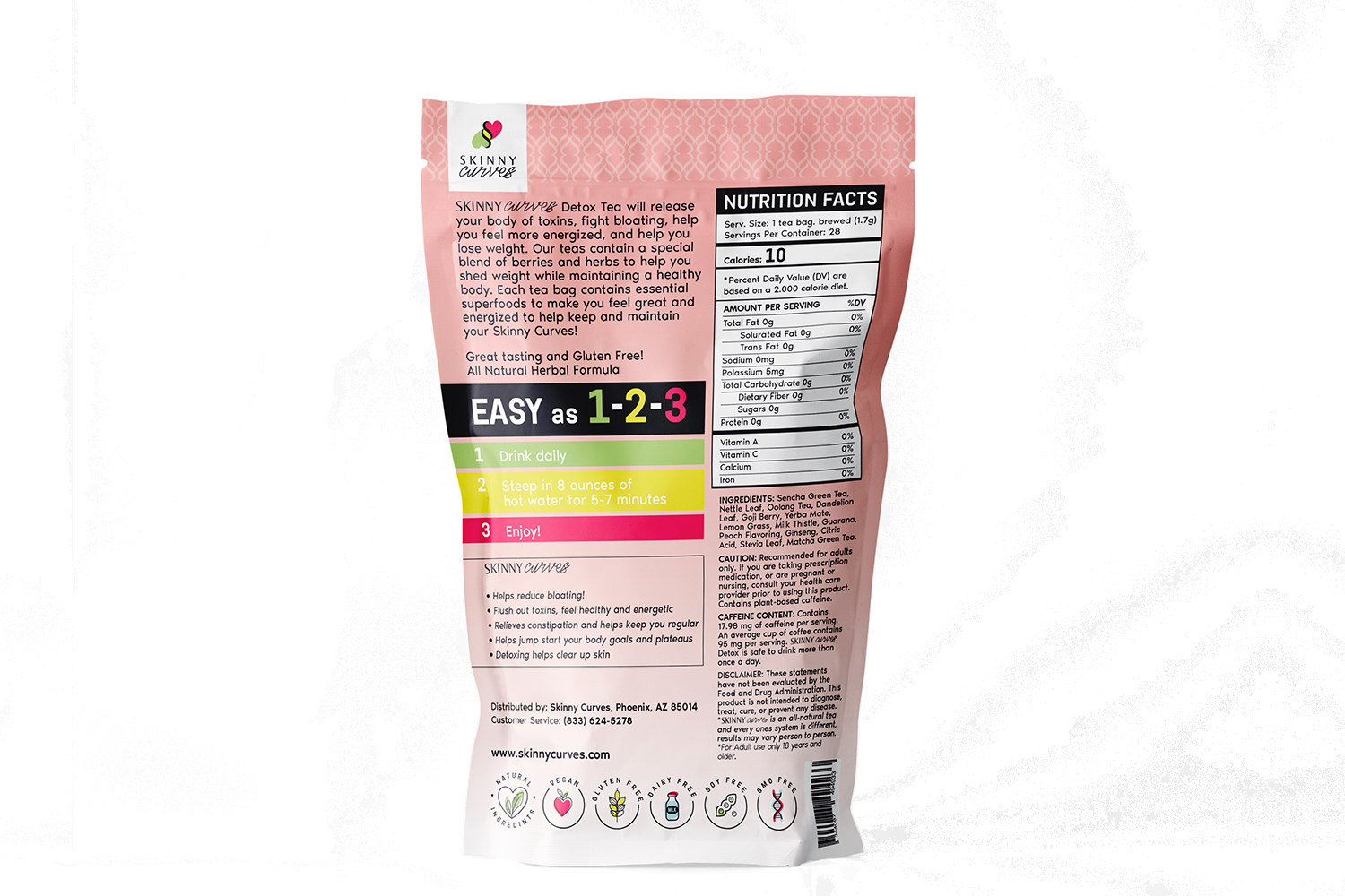 Skinny Curves 14 Day Detox Tea packaging featuring a blend of berries and herbs for detoxification and weight loss.