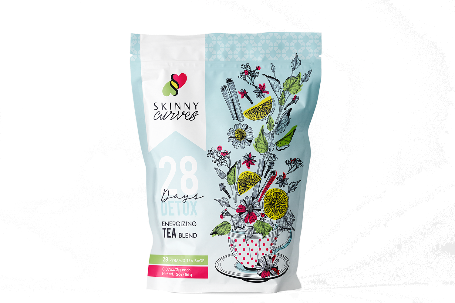 Skinny Curves 28 Day Detox Tea packaging with herbal ingredients and tea bags, promoting detoxification and weight loss.