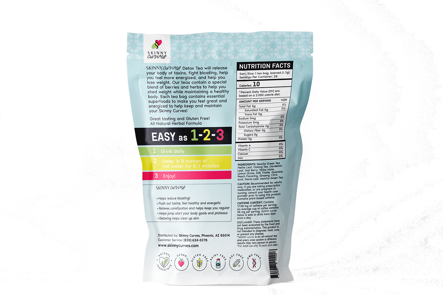 Skinny Curves 28 Day Detox Tea packaging with herbal ingredients and tea bags, promoting detoxification and weight loss.