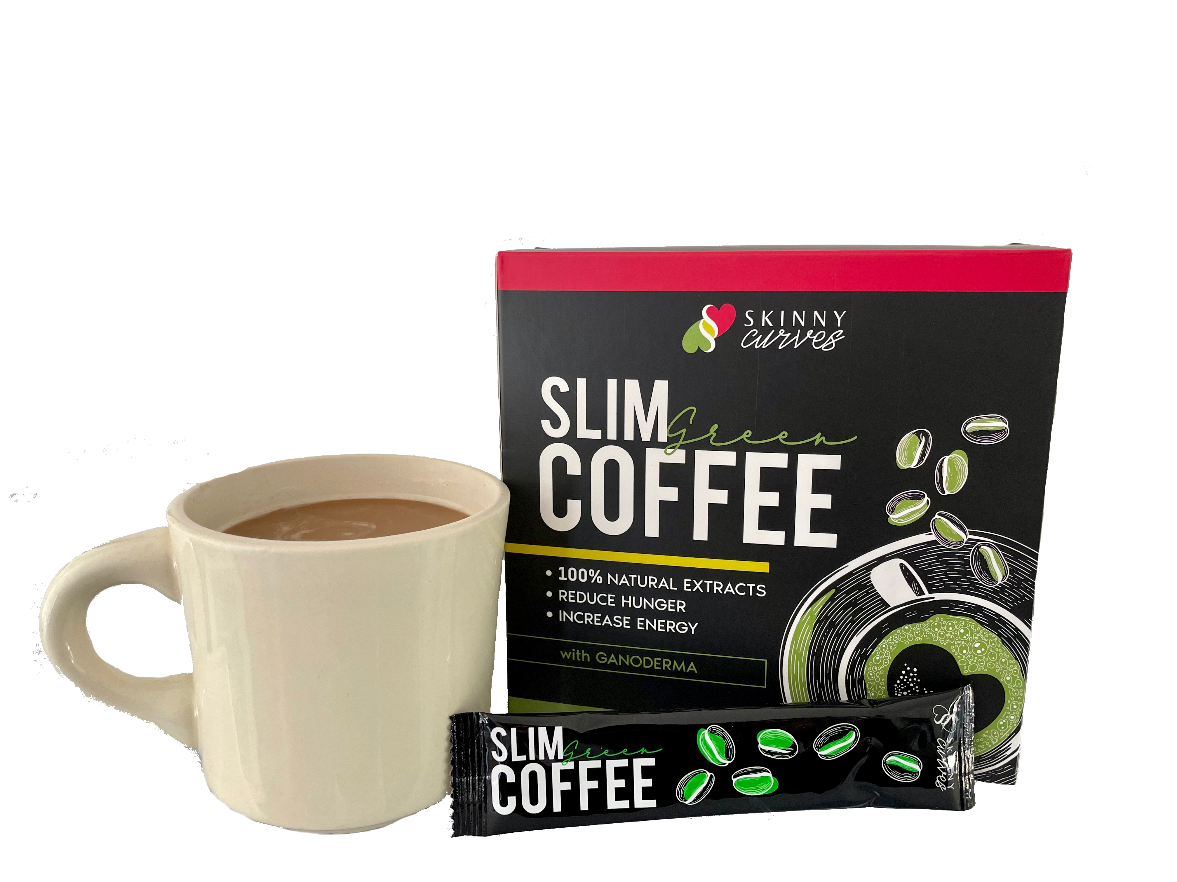 A packet of Skinny Curves Slimming Coffee with a steaming cup, showcasing its natural ingredients and appealing packaging.