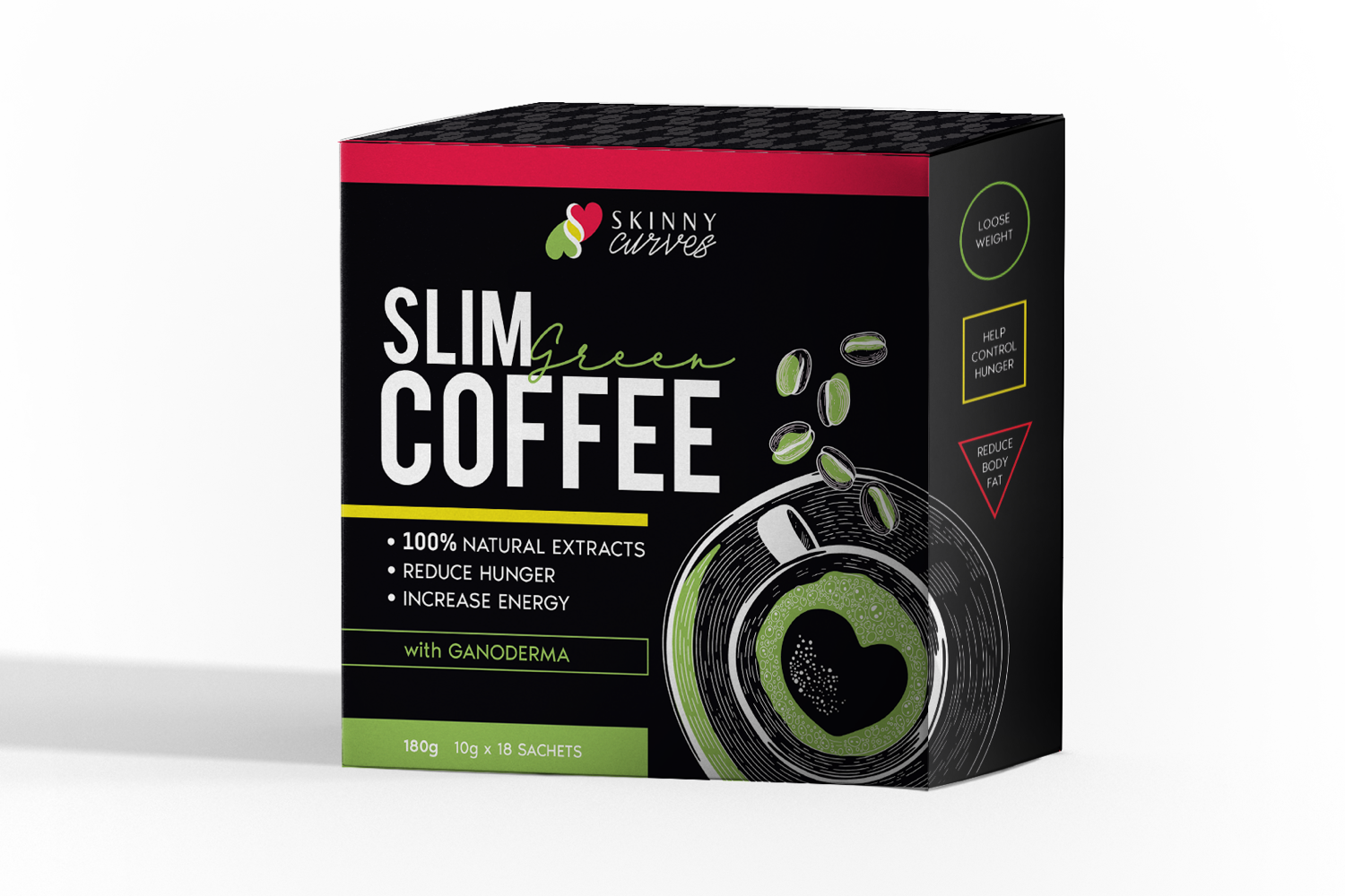 A packet of Skinny Curves Slimming Coffee with a steaming cup, showcasing its natural ingredients and appealing packaging.