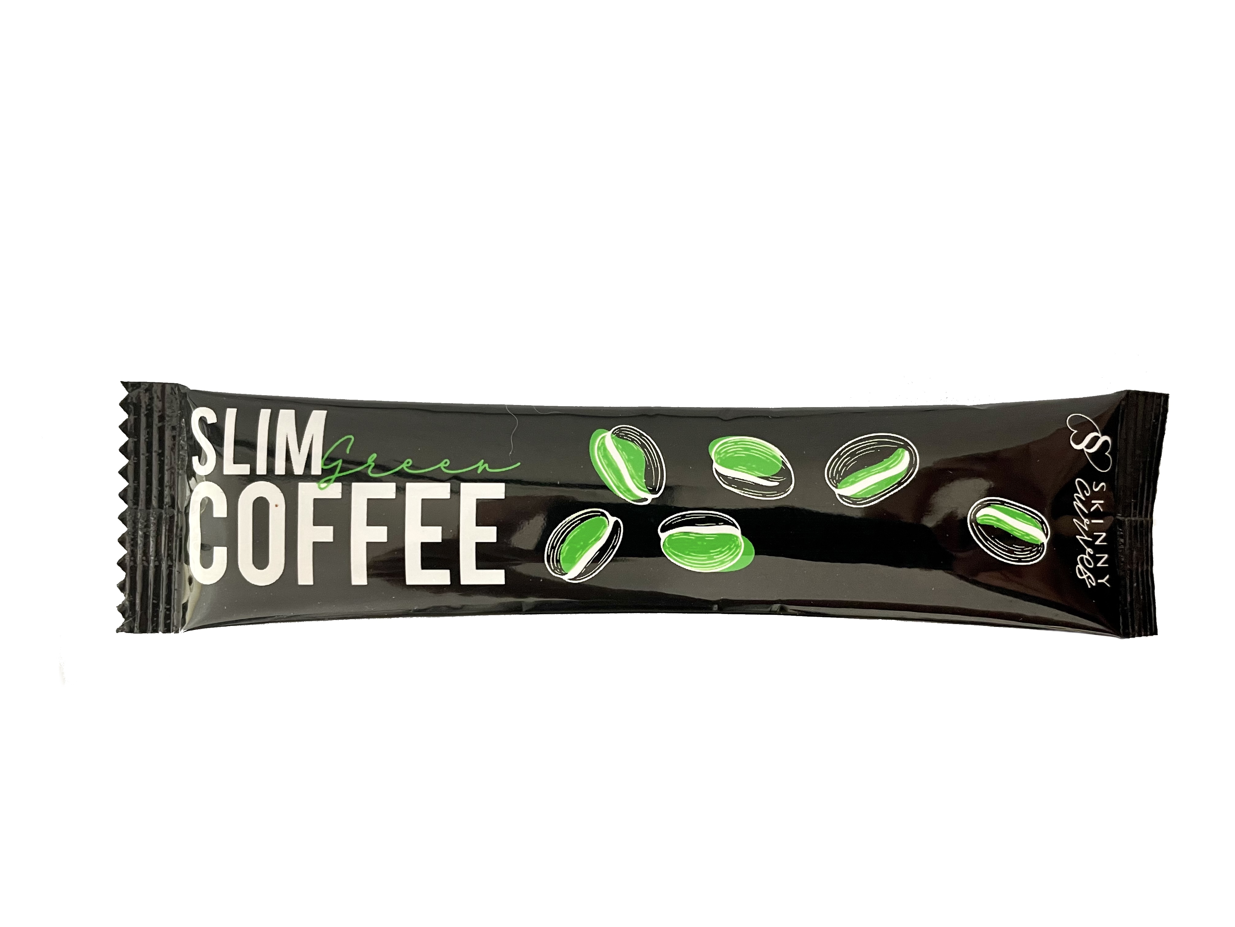 A packet of Skinny Curves Slimming Coffee with a steaming cup, showcasing its natural ingredients and appealing packaging.