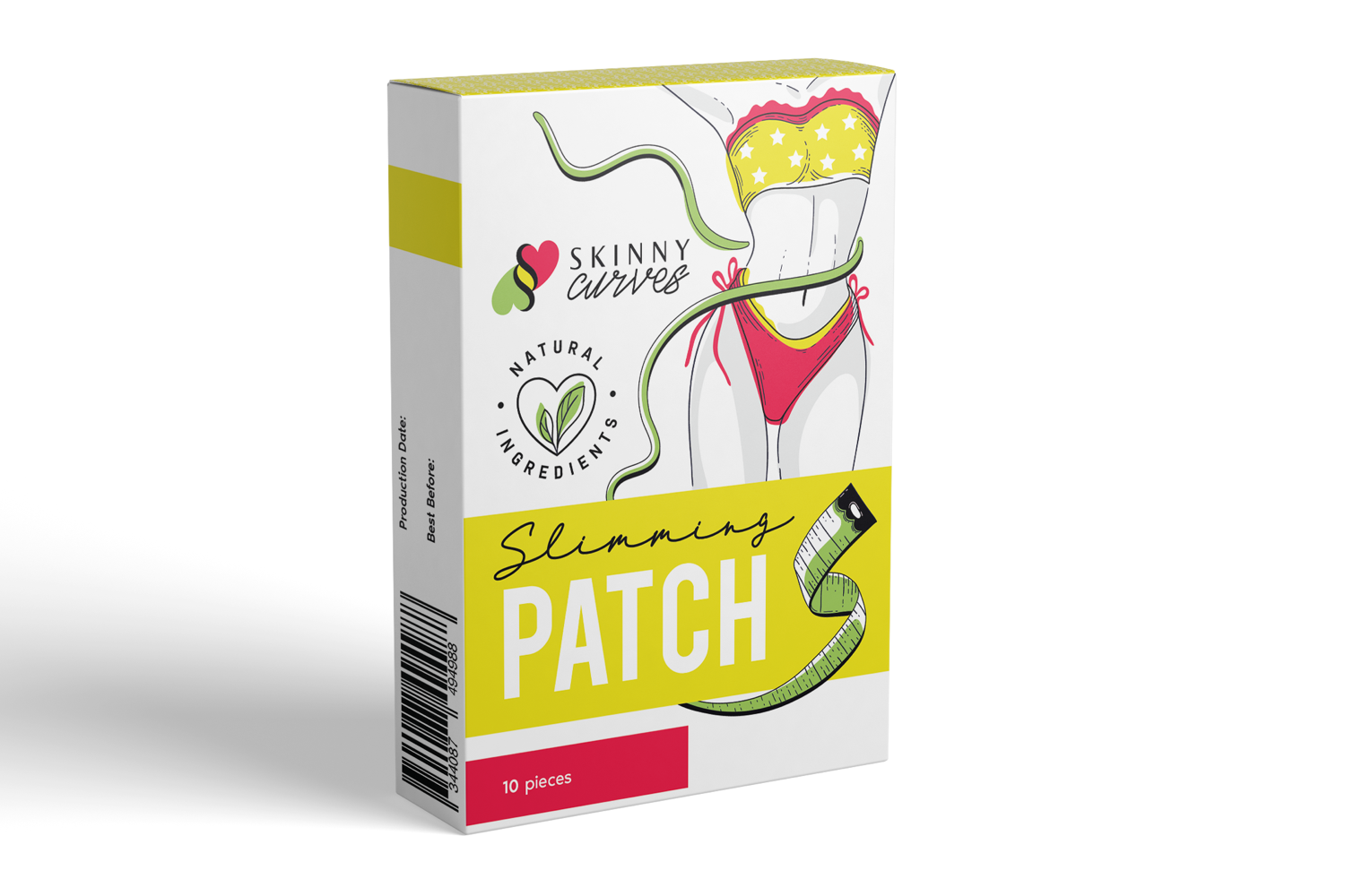 Skinny Curves Slimming Patch placed on a flat surface, showcasing its sleek design and packaging, ideal for weight loss and detoxification.