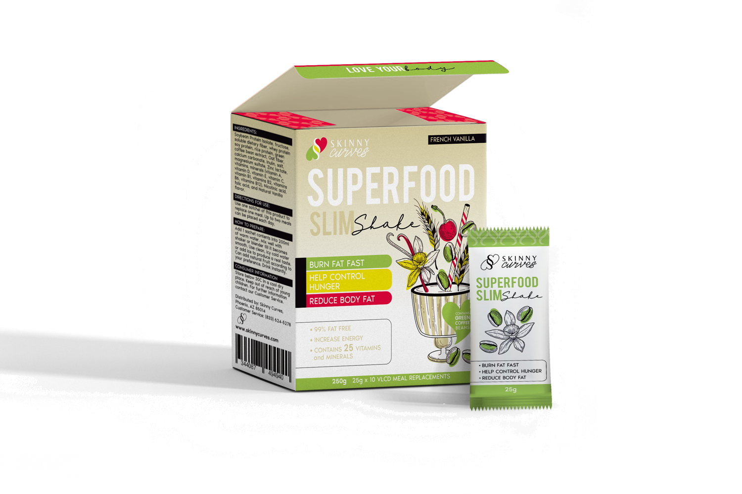 Skinny Curves Superfood Slim Shake Vanilla in a shaker bottle, showcasing its creamy texture and vibrant packaging.