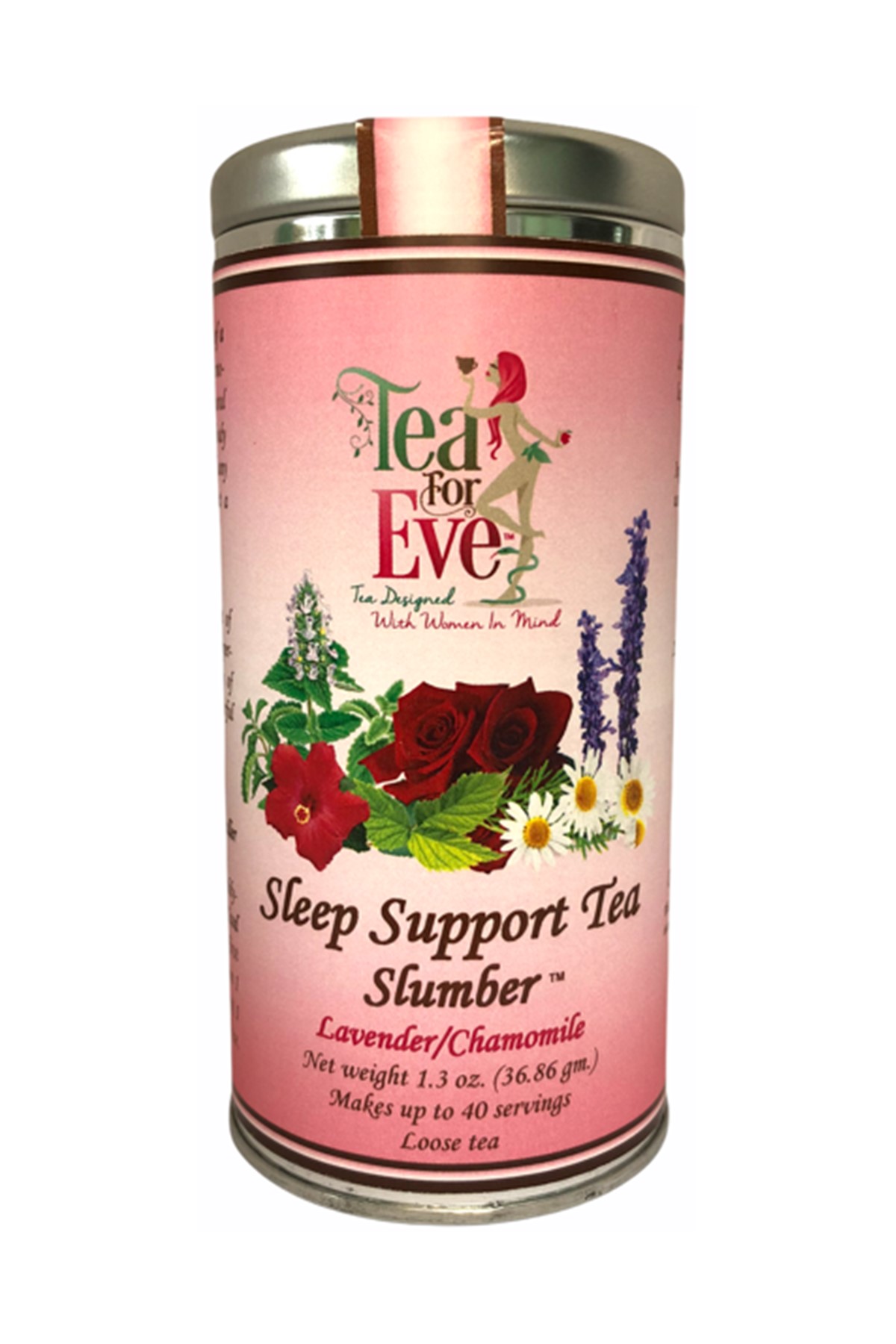 A soothing cup of Slumber Sleep Support Tea featuring lavender and chamomile, surrounded by organic ingredients like honeybush and hibiscus.