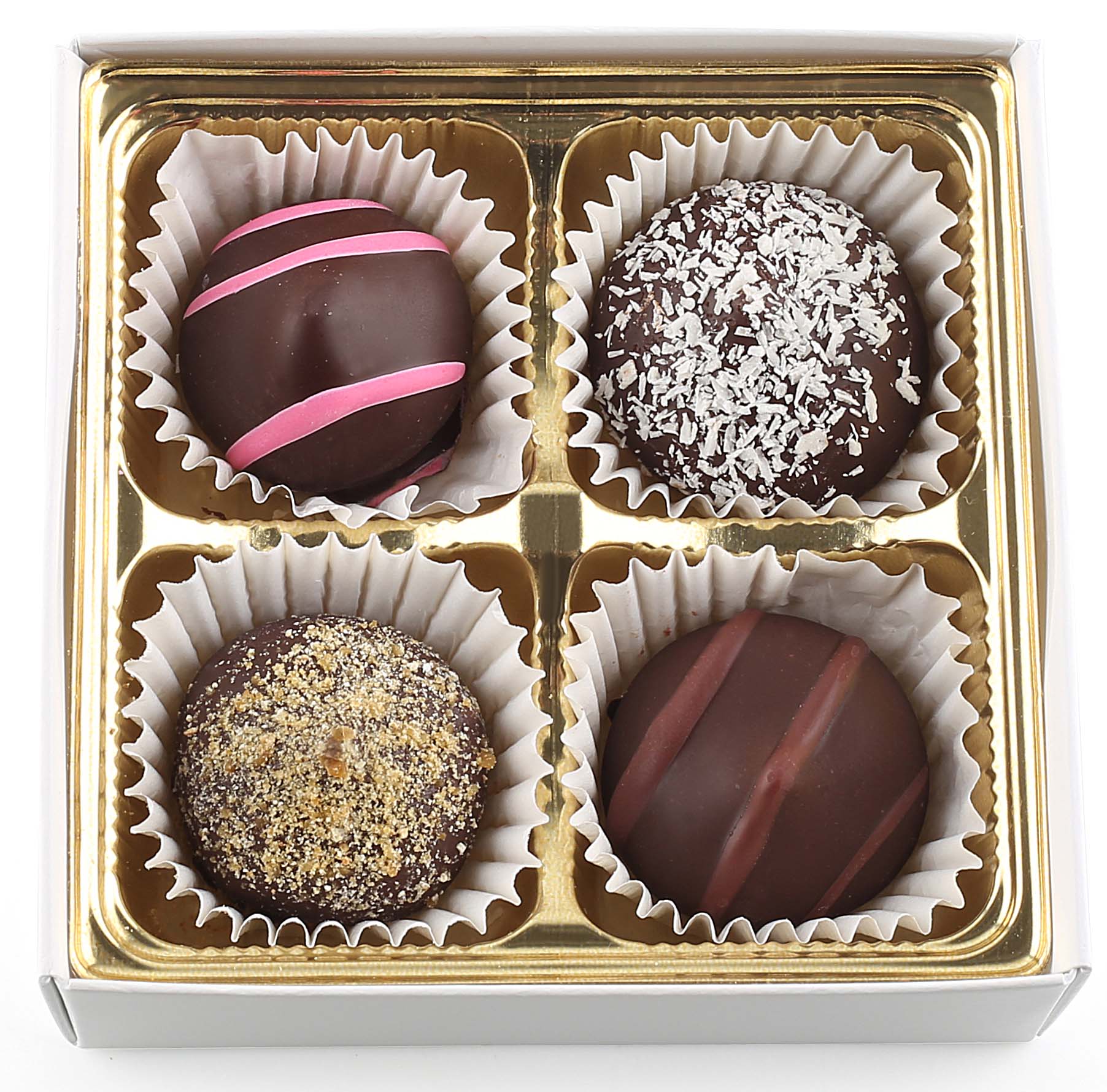 A beautifully arranged small chocolate gift box containing four premium dairy-free chocolates, showcasing unique flavors and textures.