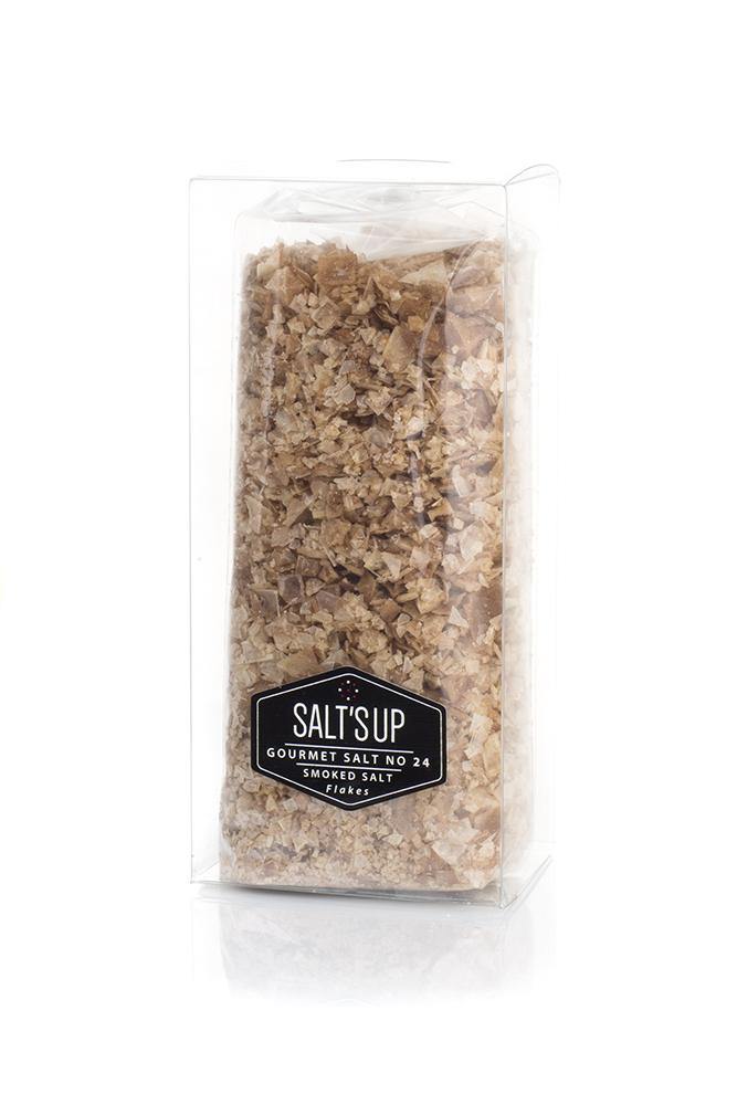 A package of SMOKED SALT 'BEECH' flakes, showcasing its eco-friendly design and rich, smoky flavor.