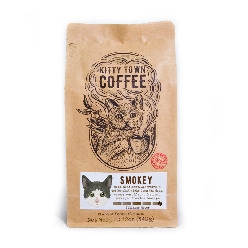 A bag of Smokey: Italian Roast coffee from Brazil, featuring a dark roast blend with a rich aroma and bold flavor.