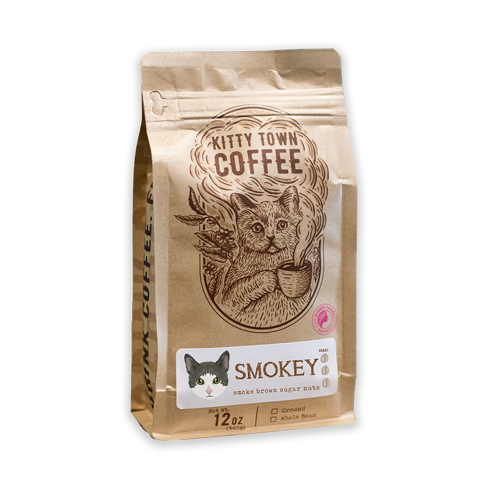 A bag of Smokey: Italian Roast coffee from Brazil, featuring a dark roast blend with a rich aroma and bold flavor.