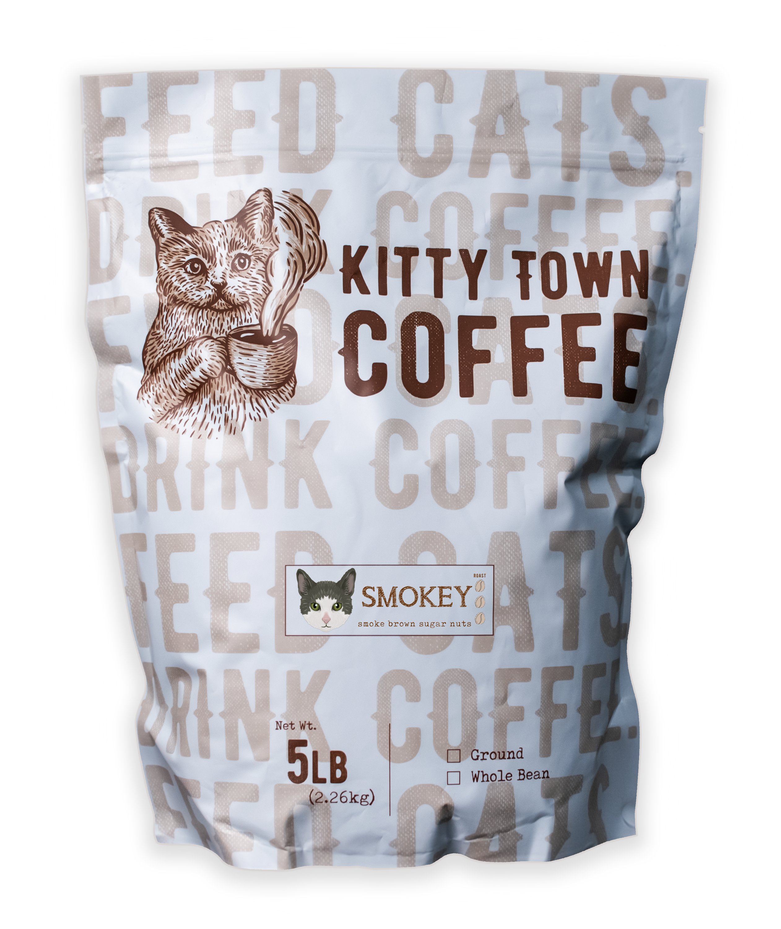 A bag of Smokey: Italian Roast coffee from Brazil, featuring a dark roast blend with a rich aroma and bold flavor.