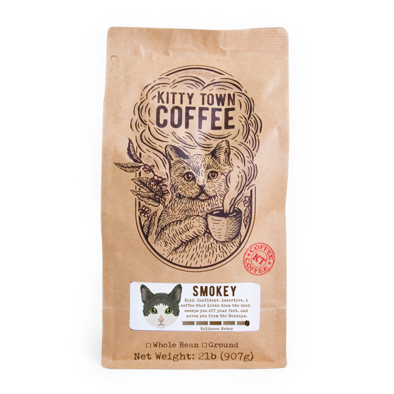 A bag of Smokey: Italian Roast coffee from Brazil, featuring a dark roast blend with a rich aroma and bold flavor.