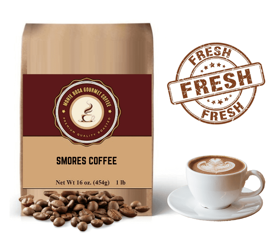 A steaming cup of Smores Flavored Coffee with chocolate, graham crackers, and vanilla aroma, perfect for summer enjoyment.