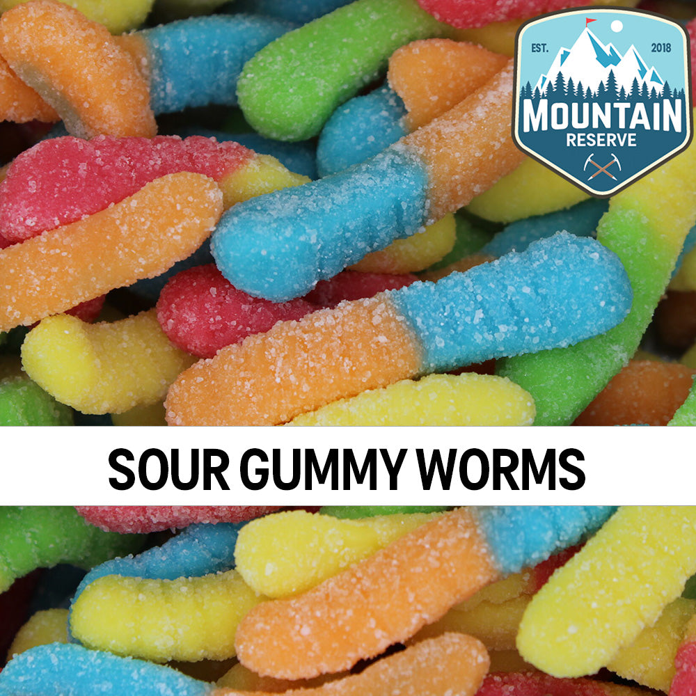 A colorful assortment of Sour Gummy Worms in a 5oz container, showcasing their vibrant colors and chewy texture.