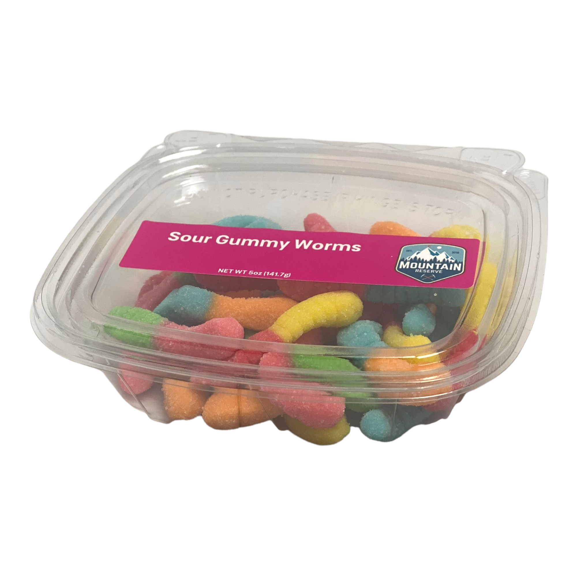 A colorful assortment of Sour Gummy Worms in a 5oz container, showcasing their vibrant colors and chewy texture.