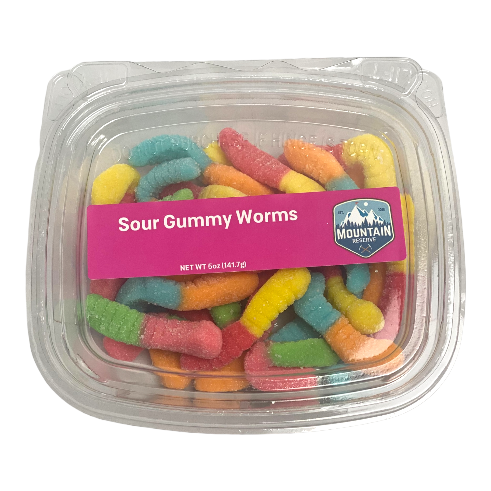 A colorful assortment of Sour Gummy Worms in a 5oz container, showcasing their vibrant colors and chewy texture.