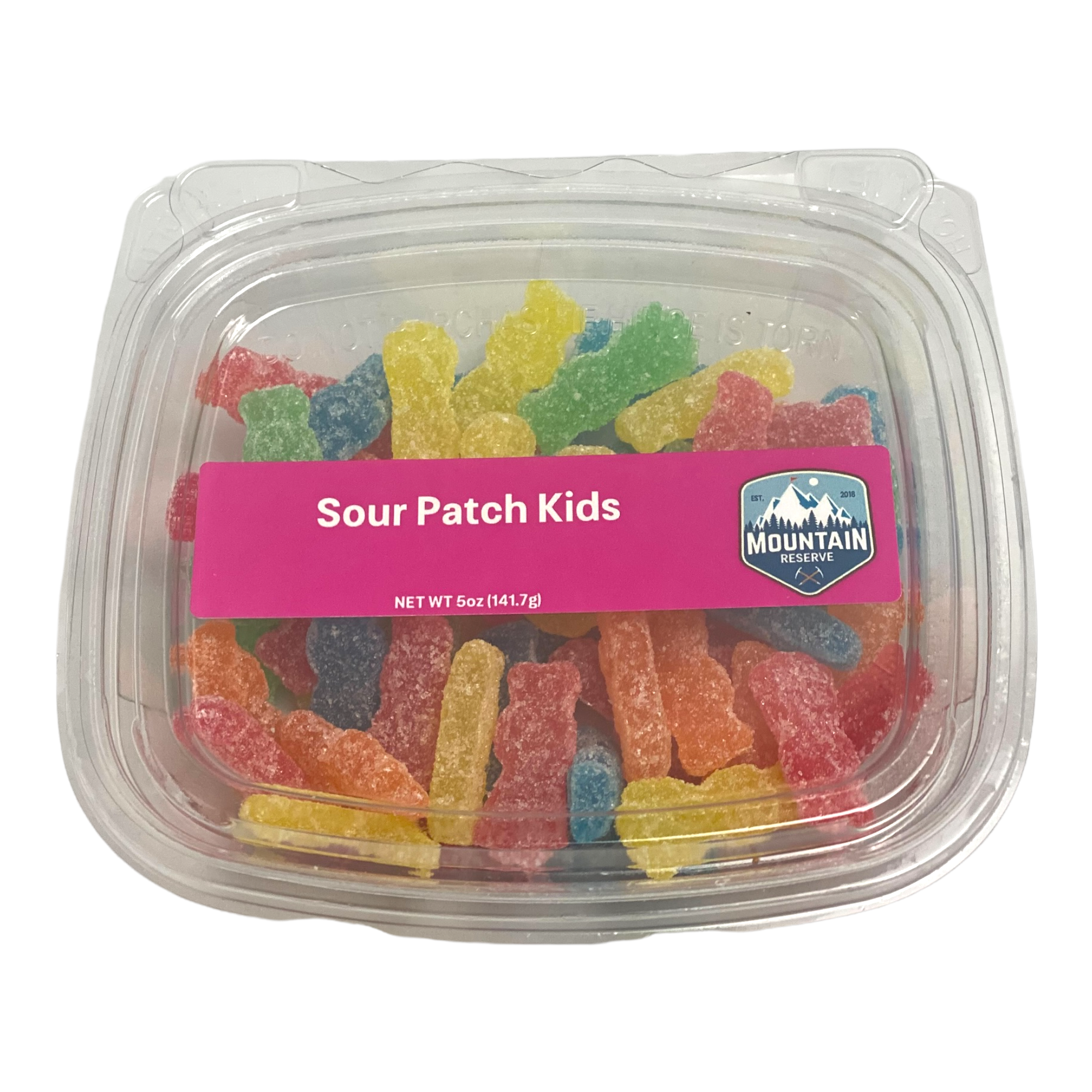 A colorful assortment of Sour Patch Kids candy in a 5oz container, showcasing their vibrant colors and fun shapes.