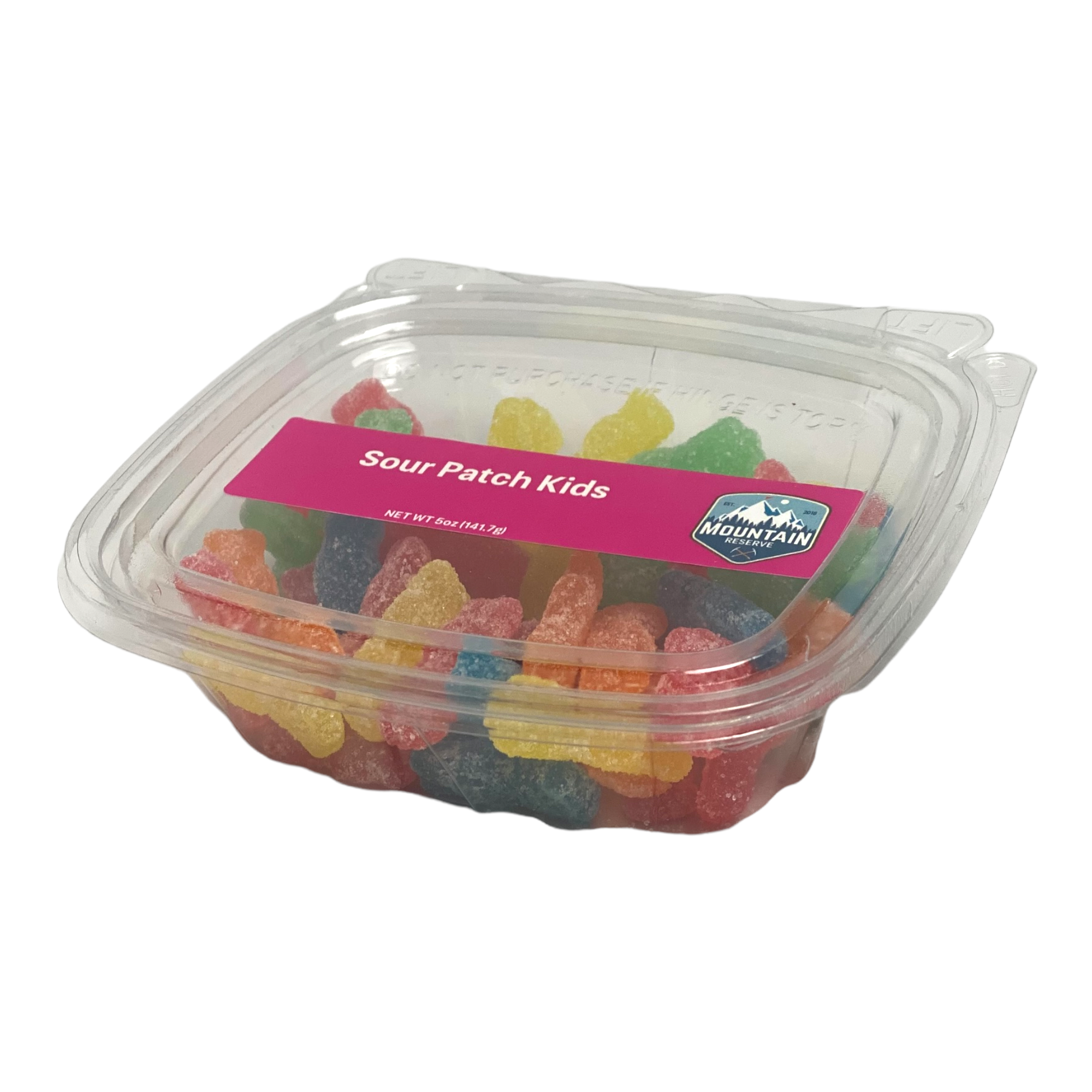 A colorful assortment of Sour Patch Kids candy in a 5oz container, showcasing their vibrant colors and fun shapes.