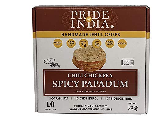 A pack of Spicy Chickpea Masala Papadum Lentil Crisps, showcasing the crispy texture and vibrant spices.