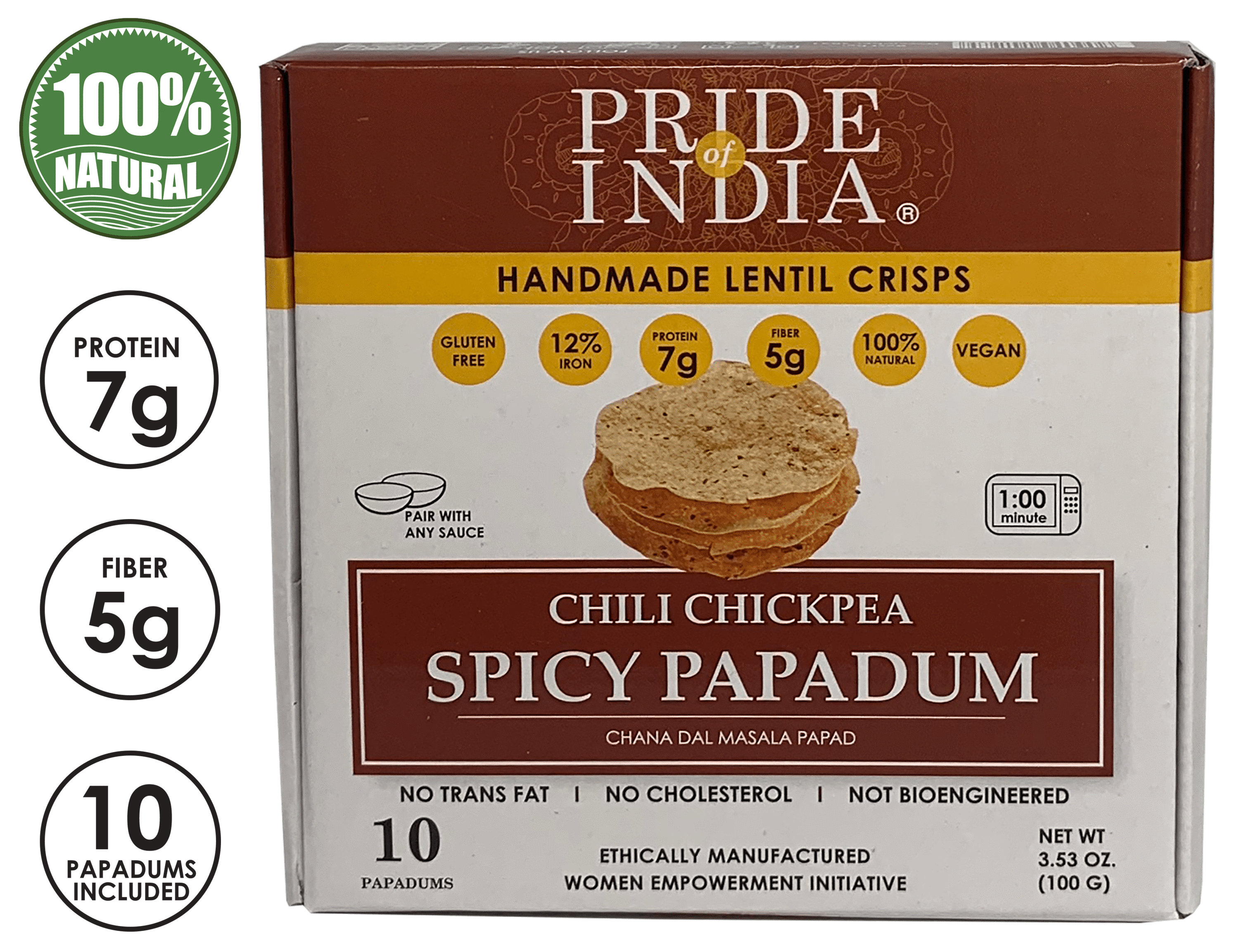 A pack of Spicy Chickpea Masala Papadum Lentil Crisp showcasing the crispy lentil snacks with vibrant spices.